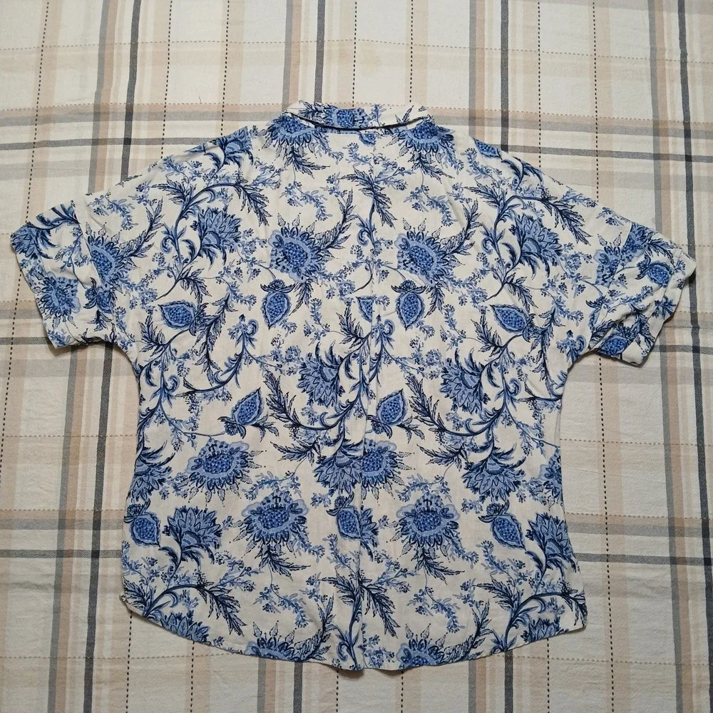 Tommy Hilfiger Men's 2XL White Blue Hawaiian Linen Blend Short Sleeve Polo Shirt